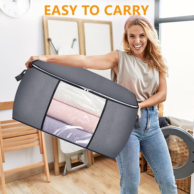 3 Pack Clothes Storage Bags, 90L Large Blanket Storage Bag Comforter Storage Bin with Reinforced Handle and Lid Foldable Closet Organizer and Storage Containers for Bedding Pillows Sheets and Duvet - Image 6