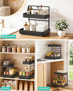 EVERIE Height Adjustable 2 Tier Metal Pull Out Slide Shelf Organizer for Under Sink Cabinets in Kitchen, Bathroom, with Snap-on Top Tray, 16" Deep (Black, 2 Sets) - Image 8