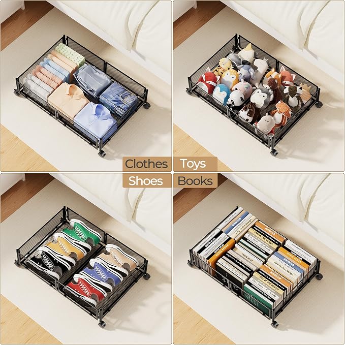 Yecaye Under Bed Storage with Wheels, 4 Pack Under Bed Shoe Storage, Black | Sturdy All-Metal Frame, Foldable, 360° Rolling Wheels, Tool-free Assembly, Underbed Storage Drawers for Shoes, Toys, Clothes - Image 5