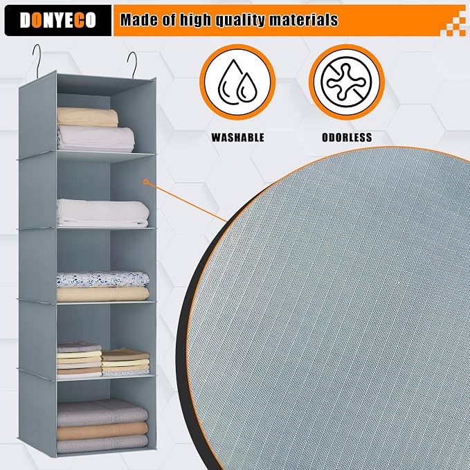 Hanging Closet Organizer 5-Shelf, Oxford Fabric Wardrobe Storage, Gray | Easy-mount foldable design holds clothes, handbags, shoes & accessories; washable Oxford fabric, sturdy and space-saving. - Image 4