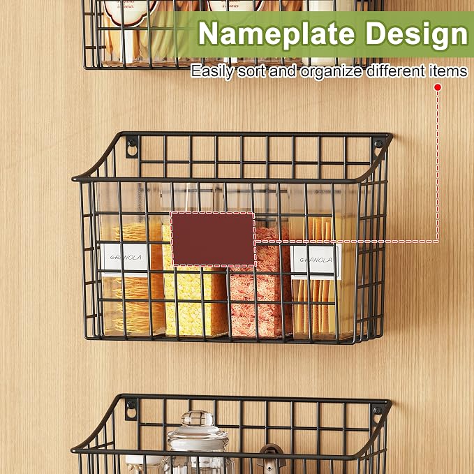 Wall Mounted Bin Basket with 5 Hooks 3 Label Plate Adhesive-3 Pack, Cabinet Hanging Metal Wire Basket,Rustic Farmhouse Decor, Storage Organization Shelf for Pantry Kitchen Bathroom 10.6*7.5*5.1inch - Image 2