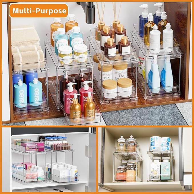 Yieach 4 Pack Under Sink Organizers and Storage,Clear Acrylic Bathroom Organizer and Cabinet Organization for Makeup,Medicine,Two Tier Pull Out Cabinet Organizer Drawers for Pantry,Vanity Storage Bins - Image 2