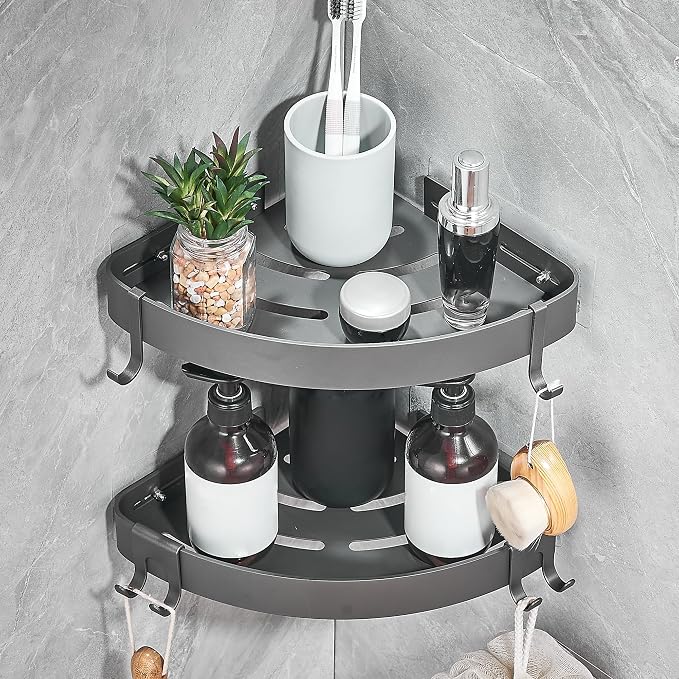 DUFU Adhesive Corner Shower Caddy with Hooks, Grey, 2 Pack by DUFU
