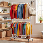 Sywhitta Double Rod Metal Clothing Garment Rack on Wheels, White - Image 3