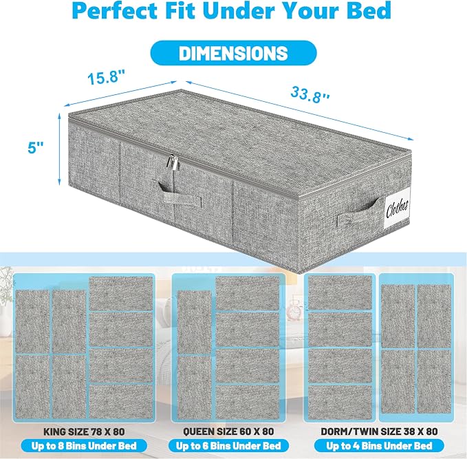 Under Bed Storage Container Bins 2 Pack, 5 Inch Thin Low Profile Underbed Clothes Storage Organizer for Dorm & Home, Use for Blanket and Toy Storage Box W/ Sturdy Bottom/Sides, Foldable Thick Fabric - Image 2