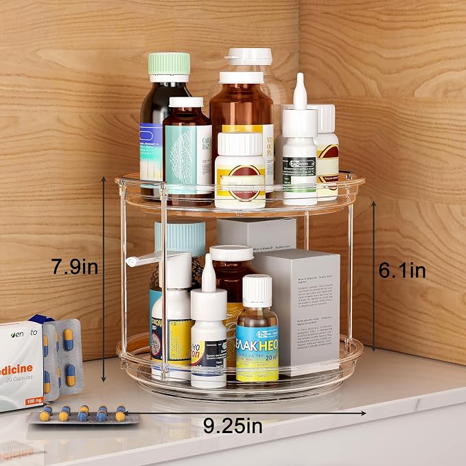 2 Pack 2 Tier Lazy Susan Turntable Organizer 9.25 inch, Rotating Spice Rack Organization for Cabinet, Bathroom, Pantry, Countertop, Kitchen, Vanity, Medicine Cabinet Organizer, Clear - Image 6