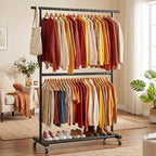 Sywhitta Double Rod Metal Clothing Rack on Wheels with Bottom Mesh,Black - Image 2
