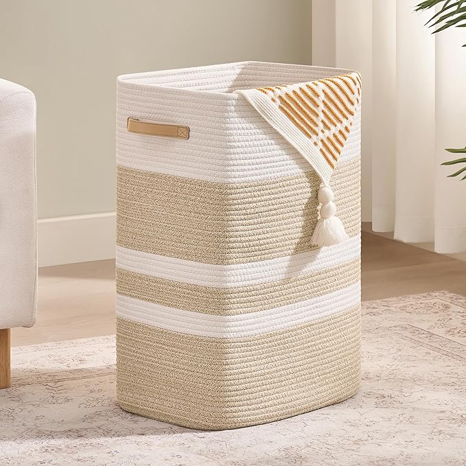 Nunsino Laundry Hamper,Laundry Basket with Leather Handles,Woven Storage Basket for Toys,Pillows,Blankets,Clothes,Brown&White by Nunsino
