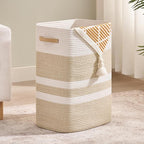 Nunsino Laundry Hamper,Laundry Basket with Leather Handles,Woven Storage Basket for Toys,Pillows,Blankets,Clothes,Brown&White by Nunsino