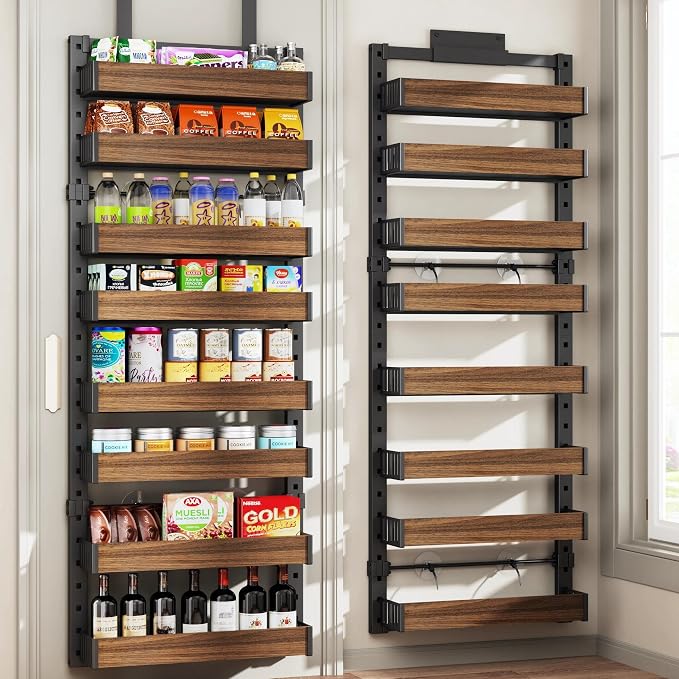 8 Tier Over the Door Pantry Organizer with Adjustable Wooden Baskets, Heavy Duty 2 in 1 Wall Mounted & Hanging Spice Rack for Kitchen, Cabinet and Closet Organization by DAOTENGQL