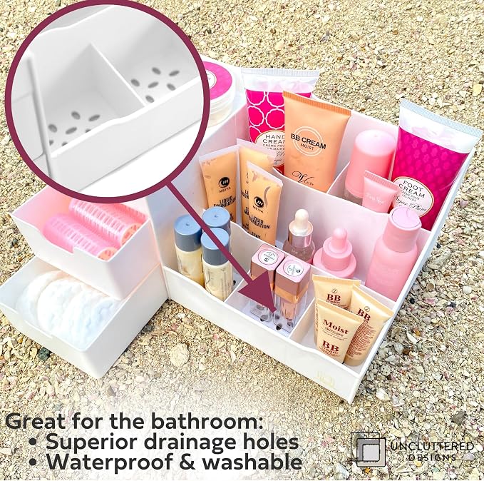 Uncluttered Designs Large Makeup Organizer for Vanity - Countertop Desk With Drawers for Cosmetic, Beauty, Hair, Nail, Perfume & Skincare - Perfect for Bathroom & Bedroom Storage (White) - Image 5