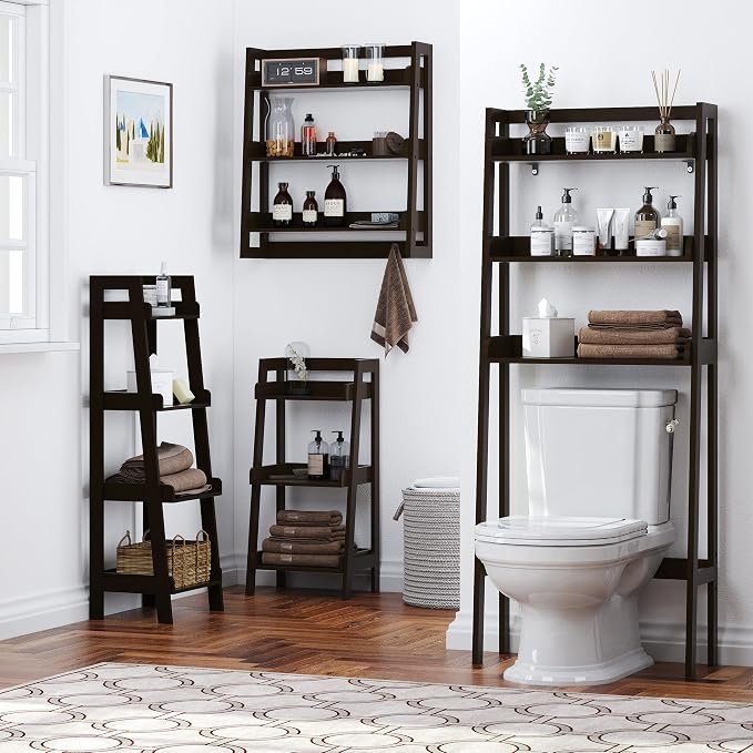 UTEX Behind Toilet Bathroom Organizer, 3-Tier Wood Ladder Shelf, Espresso - Image 6