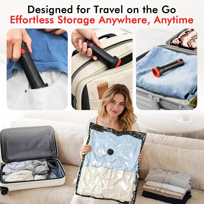 MEIQIHOME 18 Pack PackEase Travel Vacuum Bags 1500mAh Wireless Pump, 80% Compression Space Saver for Luggage, Clear PA+PE Reusable Seal Bags for Clothes, Portable Electric Air Pump for Travel & Home - Image 6