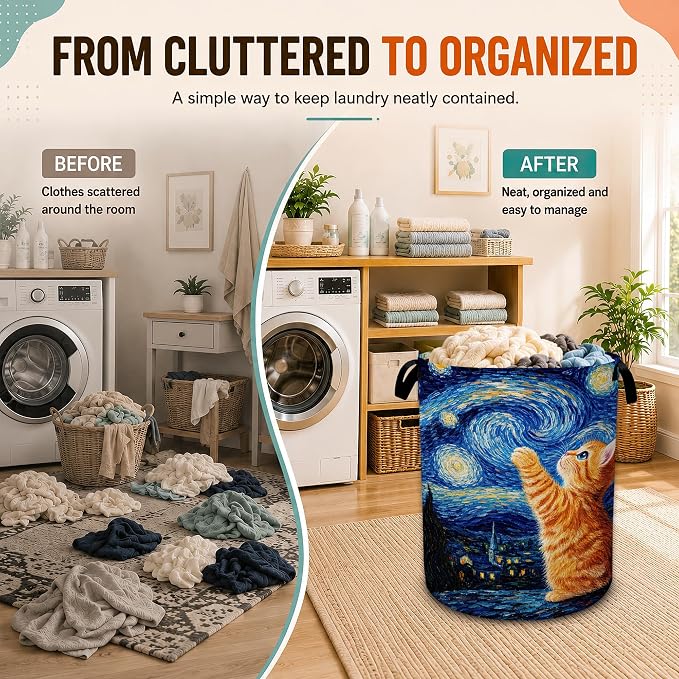 Starry Night Laundry Basket,Cute Cat Large Collapsible Portable Round Laundry Hamper with Handles,Oxford Storage Bin for Clothes,Blankets,Bedroom,Bathroom - Image 4