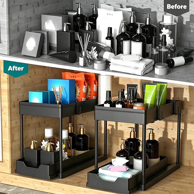 DEKAVA Under Sink Organizer 2 Pack, Bathroom Cabinet Organizer, 2 Tier Sliding Cabinet Basket Organizer Drawer, Multi-Purpose Bath Collection Baskets for Bathroom (Black) - Image 3