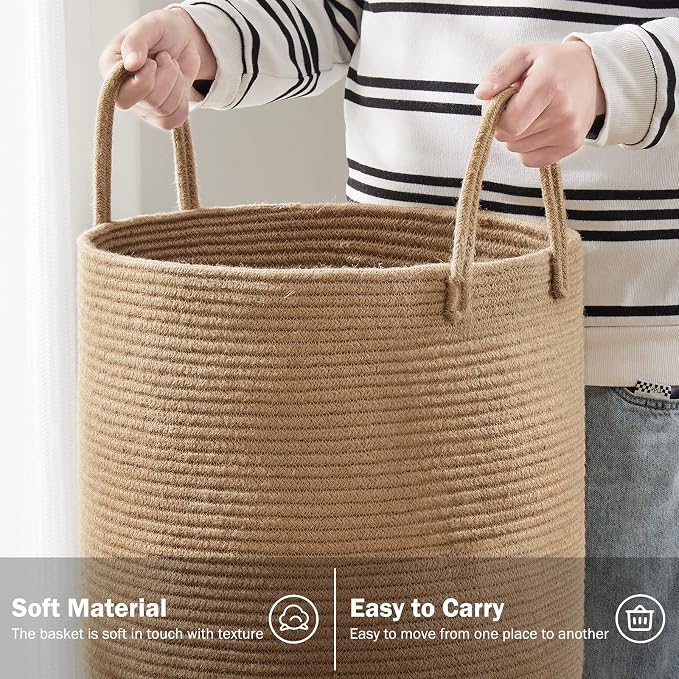 Woven Rope Laundry Hamper Basket by YOUDENOVA, 72L Tall Luandry Basket, Baby Nursery Hamper for Blanket Storage in Bedroom-Large-Jute - Image 4