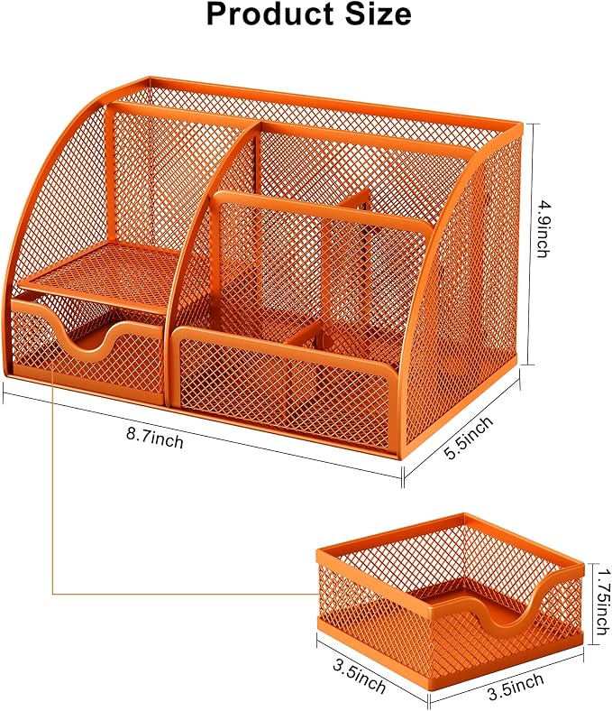 EasyPAG Mesh Desk Organizer with Drawer Multi-functional Pen Holder Stationery Organizer for Office School Supplies 6 Compartments Dorm Organizers and Storage for Desk, Orange - Image 7