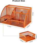 EasyPAG Mesh Desk Organizer with Drawer Multi-functional Pen Holder Stationery Organizer for Office School Supplies 6 Compartments Dorm Organizers and Storage for Desk, Orange - Image 7