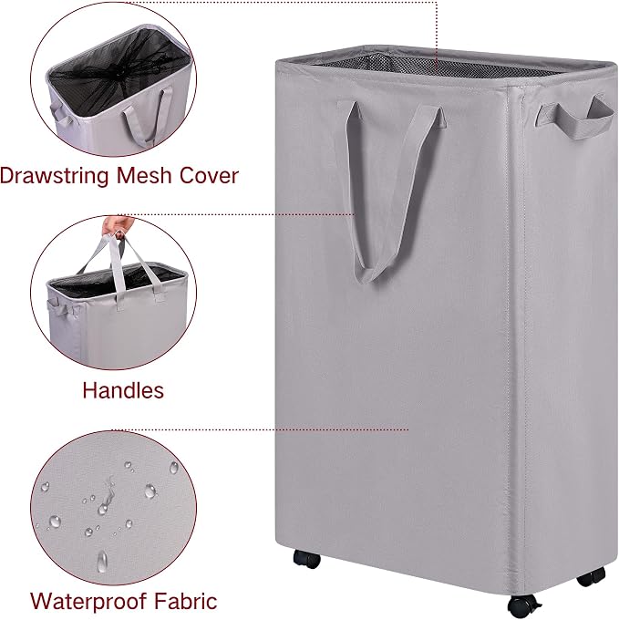 efluky Slim Laundry Hamper with Wheels, Rolling Laundry Basket for Clothes, Small Laundry Basket for Bedroom, Dorm and Laundry Room, 75L (19.8 Gallons) Grey - Image 3