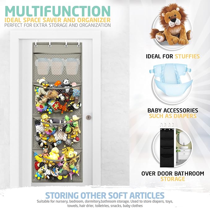 Honeyera Storage for Stuffed Animal - Over Door Organizer for Stuffies, Baby Accessories, and Toy Plush/Easy Installation with Breathable Hanging Pockets (Gray) - Image 9