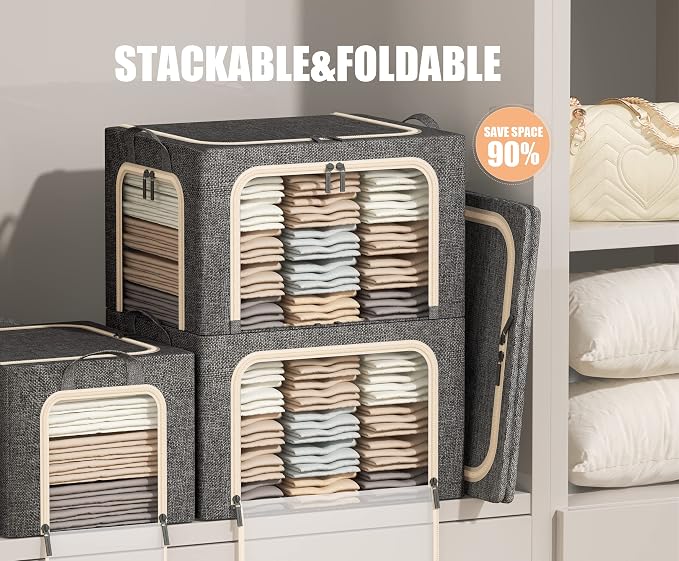 3 Openings Large Clothes Storage Bins with Metal Frame, Foldable Storage Bin for Clothes, Clothing Storage Bins with Lid, Linen Storage Box With Clear Window＆ Zippers＆ Handles.(3 Pcs,Dark Grey,66L) - Image 2