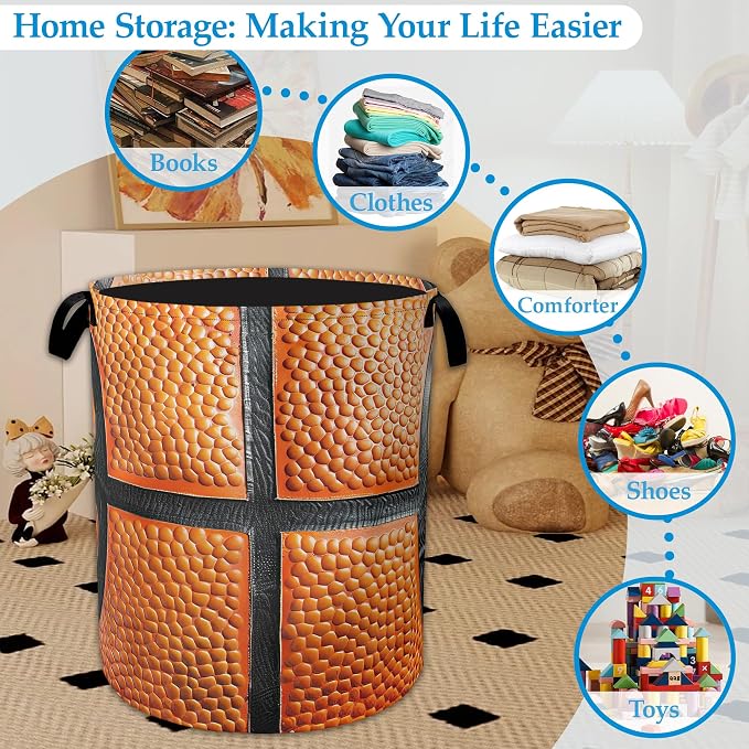 Basketball Large Storage Basket Collapsible Laundry Basket Oxford Storage Bin for Toy Bins Gift Baskets Bedroom Clothes Hamper 16" X 20.8" - Image 5