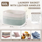 60L Woven Laundry Basket Hamper with Handles, Green - Image 2
