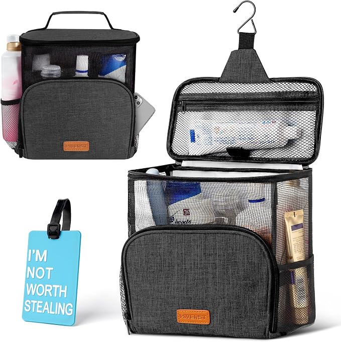 Hanging Toiletry Bag, Shower Caddy Tote Bag (Updated Version, Full Size Bottle Compatible), Bath Organizer for College Dorms, Gym, Camp, Women Men, with Funny Luggage Tag by HiVERST