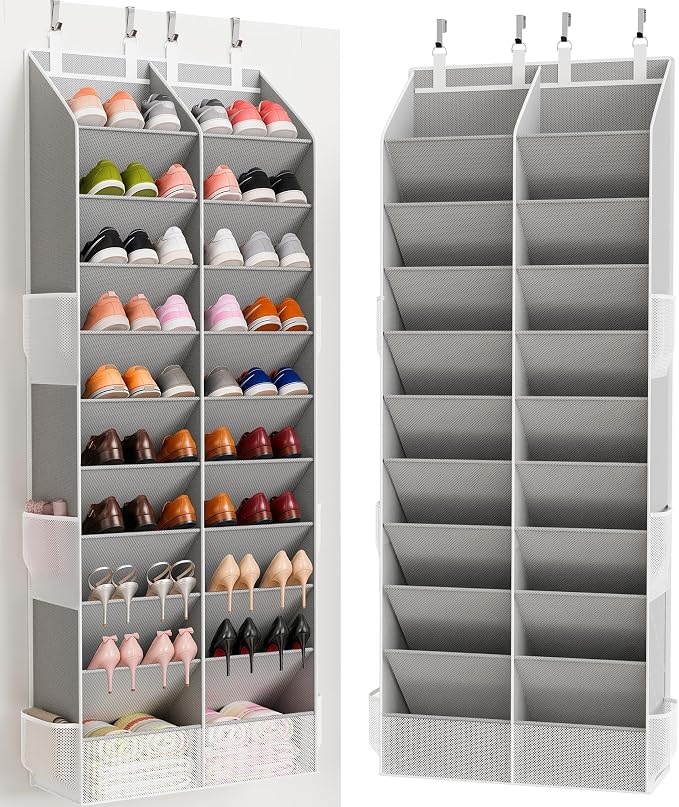 Criusia Over the Door Shoe Organizer, 20-30 Pairs Heavy-Duty Hanging Shoe Storage with Large Pockets, 10-Tier Door Shoe Rack with 4 Hooks for Sneakers Sandals Heels Boots (Gray) by Criusia