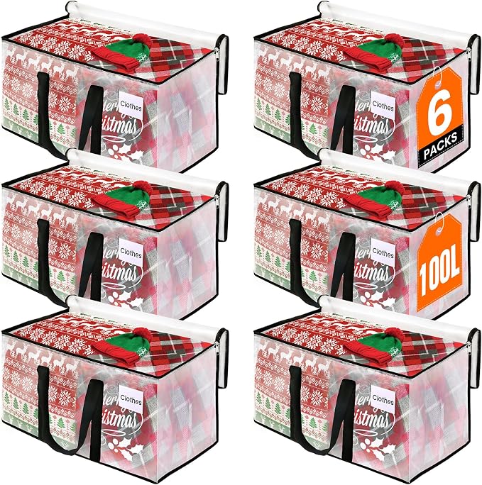 RoomHacks Moving Bags, Heavy Duty Large Storage Bags, 100L, 6 Pack, Clear | Water-Resistant Packing Bags with Reinforced Handles & Dual Zippers, Foldable Storage Totes for Dorm Move & Home Organization by RoomHacks