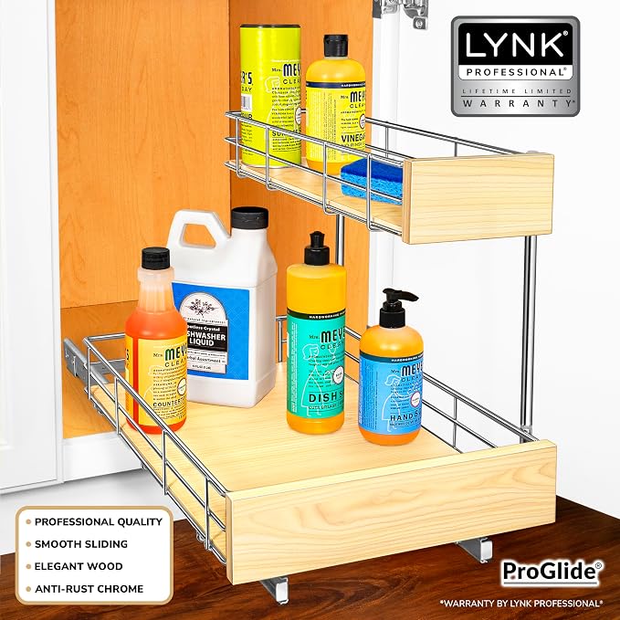LYNK PROFESSIONAL® SELECT™ Pull Out Under Sink Kitchen Cabinet Organizer - 11.5 in. x 18 inch deep Drawer - Sliding Shelf Organizer and Undersink Storage Shelves - Lifetime Ltd. Warranty – Chrome - Image 2