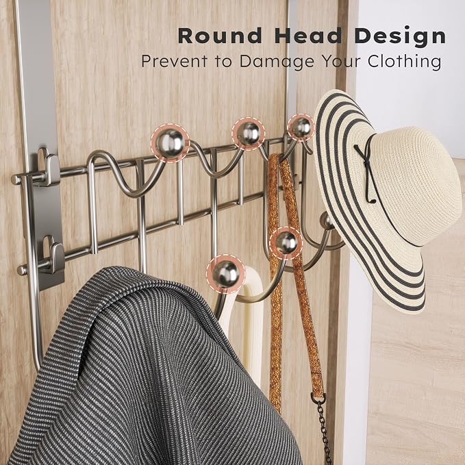 Consumest Over The Door Hooks Organizer - 3 Tier Door Hanger with 9 Coat Hooks & 2 Mesh Basket, Back Storage Organizer Hanging Towels for Bathroom, Bedroom, Sand Nickel - Image 4
