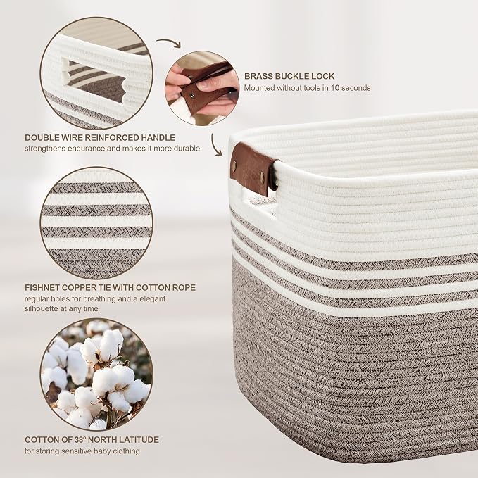 72L Woven Laundry Basket Hamper with Leather Handles,Dark Brown - Image 5
