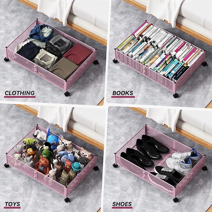 PHINOX Under Bed Storage Container with Wheels,Patterned,Metal,2 Pack,Pink | Tool-free assembly, glide smoothly, easy reach, foldable, maxmazie low-profile beds, dorm, keep seasonal clothes, shoes fresh - Image 5