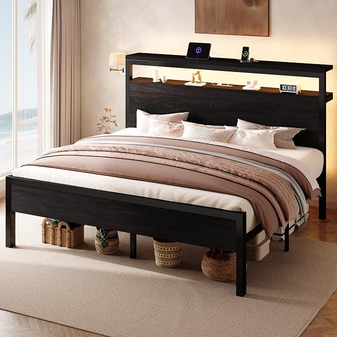 SHA CERLIN King Bed Frame, 2-Tier Storage Headboard, LED, Charging Station - Image 3