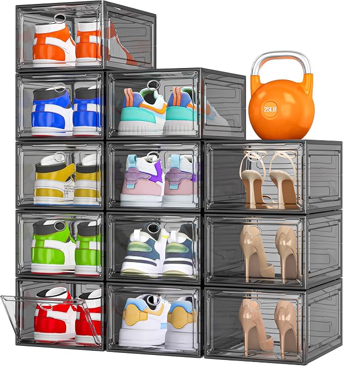12 Pack Shoe Organizer, Stackable Shoe Storage Boxes with Magnetic Door | Clear Plastic Shoe Boxes for Sneakers, Boots & Heels, Foldable Space-Saving Shoe Rack for Closet, Durable Shoe Cabinet, Black by 7+code