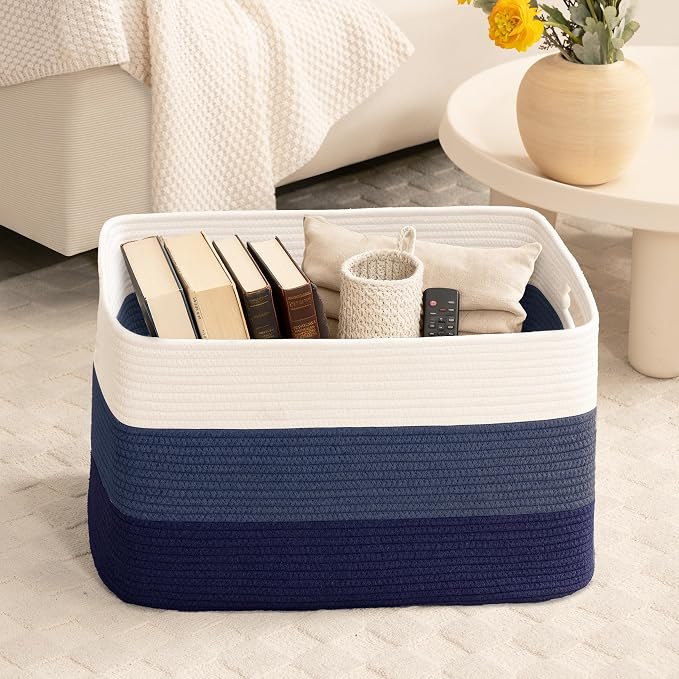 60L Woven Laundry Basket Hamper with Handles, Gradient Blue - Image 7