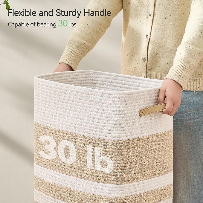 Nunsino Laundry Hamper,Laundry Basket with Leather Handles,Woven Storage Basket for Toys,Pillows,Blankets,Clothes,Brown&White - Image 5