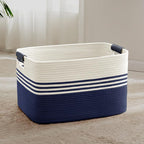 72L Large Woven Laundry Basket Hamper with Leather Handles,Navy by SunNewt