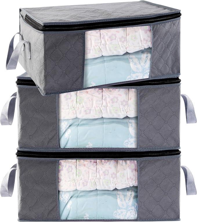Storage Clothes Bins Closet Bags - 35L Containers Organizer Boxes Clothing Bin Organization for Organizing Blanket Pillow Sheet Sweater, Foldable Bedroom Small Storage Totes With Lids Zipper, 3pc Pack - Image 2