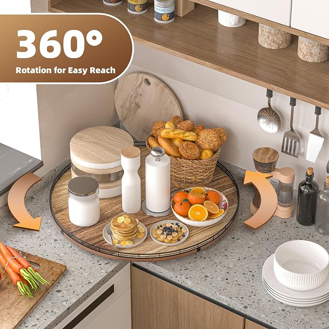 24 Inch Lazy Susan Turntable, Heavy Duty Acacia Wood Round Tray for Kitchen - Image 4