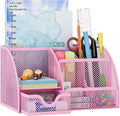 EasyPAG Mesh Desk Organizer with Drawer Multi-functional Pen Holder Stationery Organizer for Office School Supplies 6 Compartments Dorm Organizers and Storage for Desk, Light Pink by EasyPAG