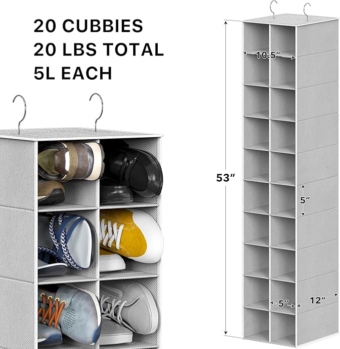 Simple Houseware 20 Section Shelves Hanging Shoes Organizer, Gray | Dual Metal Hooks, 10 Tier, Holds Up to 20 lbs, for Narrow Space - Image 3