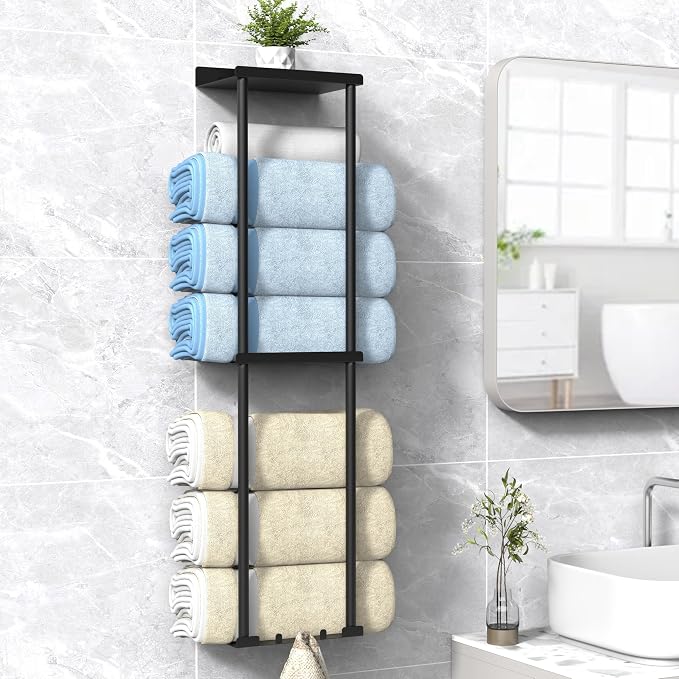 Liuoud Towel Rack for Bathroom, Wall Mounted Vertical Rolled Towel Storage Organizer Holder with Shelf, Holds Up 6 Large Bath Sheets, Black by Liuoud