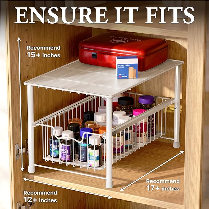 Simple Houseware Wired Stackable Under Sink Cabinet Sliding Basket, White - Image 3