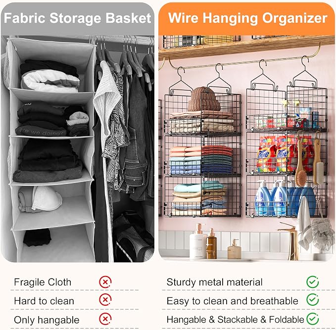 Sonyabecca 3-Tier Closet Organizers and Storage, Foldable Stackable Wire Basket Bins with 5 S Hooks, Space-Saving Hanging Closet Shelf for Clothing, Sweaters, Handbags, Hats,Purse - Image 7