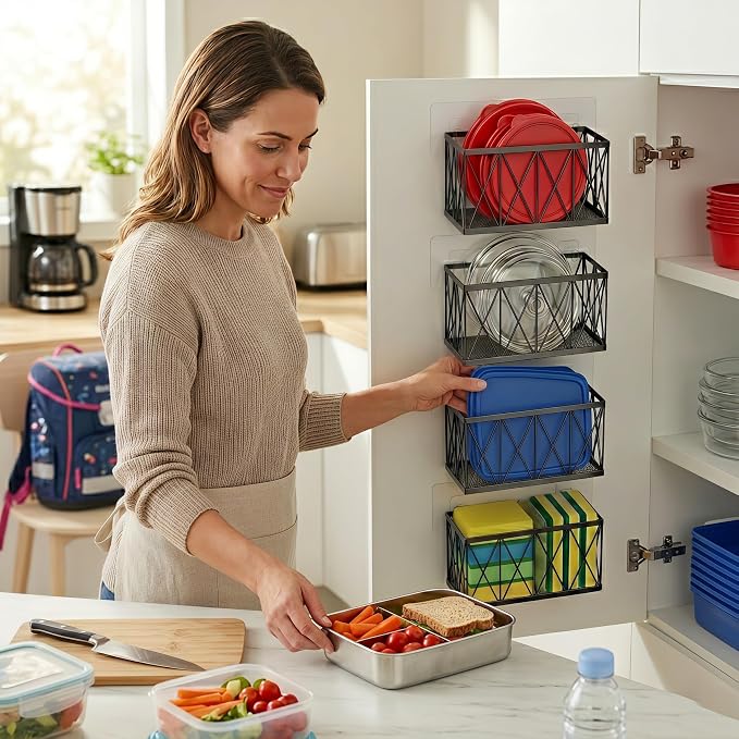 4 Pack Cabinet Door Organizer, Adhesive Inside Cabinet Door Storage for Kitchen Bathroom, Lid Organizer Compatible with Tupperware Pyrex, Wall Mounted Basket for Pantry Under Sink, Black - Image 2