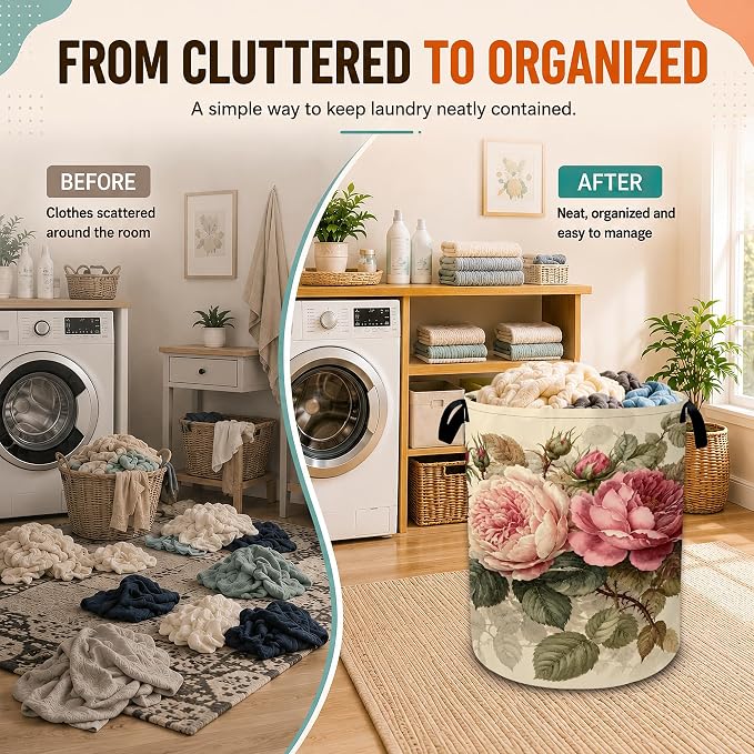 Vintage Peony Flower Laundry Basket,Foldable Oxford Laundry Hamper with Handles,Collapsible Clothes Storage Bucket Tote Bag for Laundry Room,Bathroom,Bedroom,Dorm - Image 4