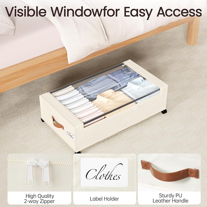 Yecaye 82L Under Bed Storage Containers, Fits 9.4" Under Bed, 2 Pack, Beige | XXL Capacity, 360° Rolling Wheels, Sturdy Metal Frame, Clear Window & Label, Storage Bins for Clothes, Shoes, Blankets - Image 8