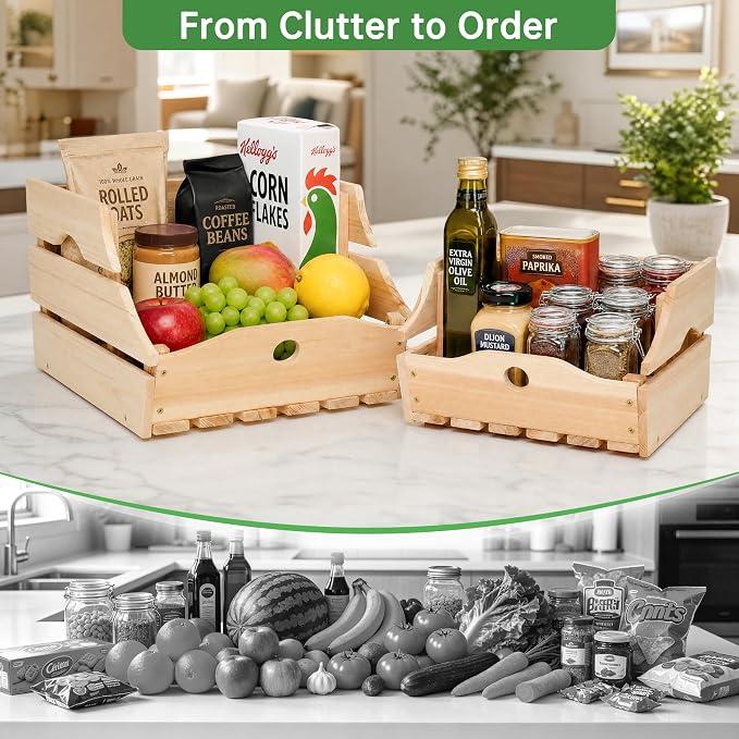 Stackable Wooden Storage Bins, Kitchen Counter Organizer with Handles, Produce Basket for Fruits, Vegetables, Potatoes, Onions, Snacks and Pantry Organization - 2 Piece - Image 2